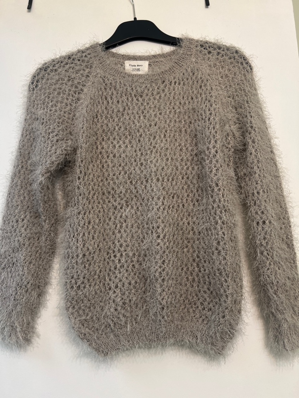 Light Gray Fuzzy Open-Knit Crewneck Sweater - Women